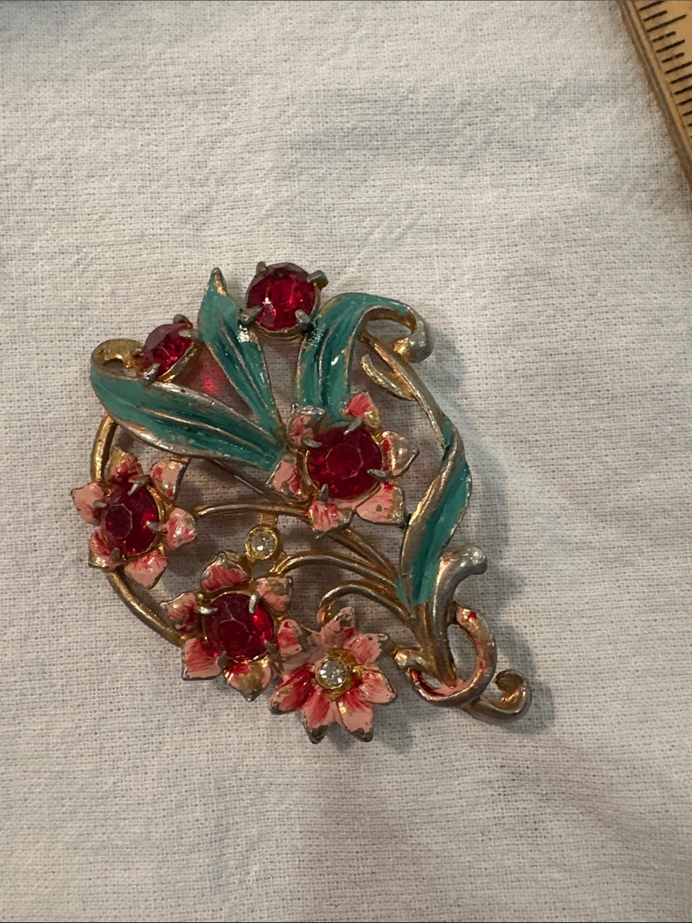 Mothers Day Vintage Floral Red and Teal Crystal Brooch